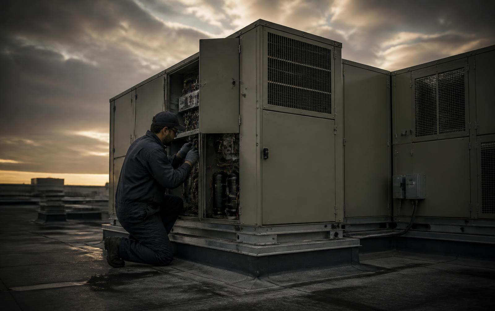 Technician servicing a commercial rooftop unit