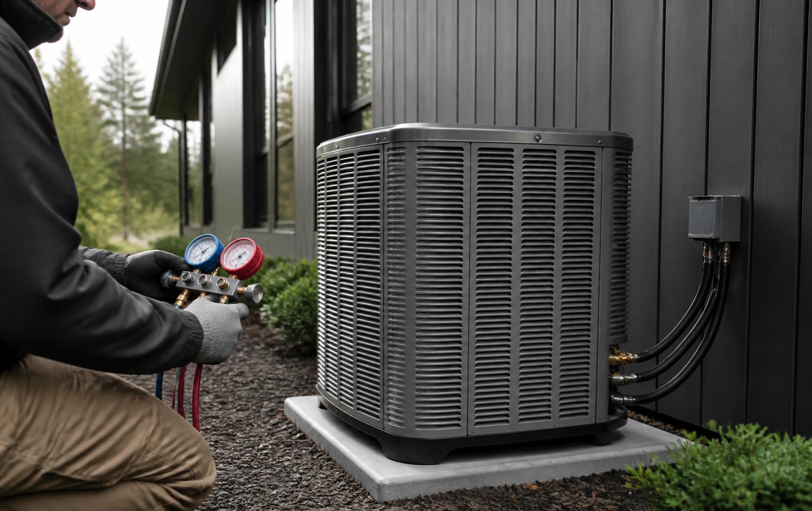 Technician checking refrigerant pressures on a residential condenser